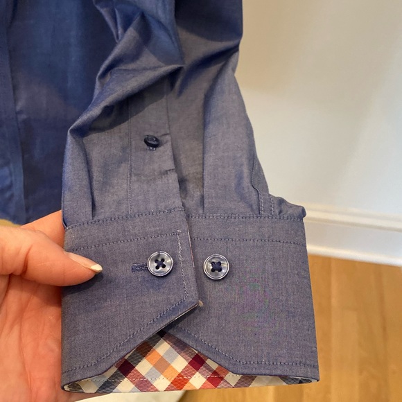 Lorenzo Uomo Mens Blue Dress Shirt w Contrasting Plaid Cuff Collar /16 32-33 - Picture 10 of 13